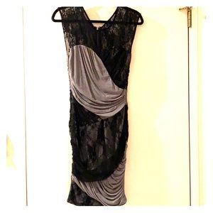 Black lace and ruched jersey cocktail dress